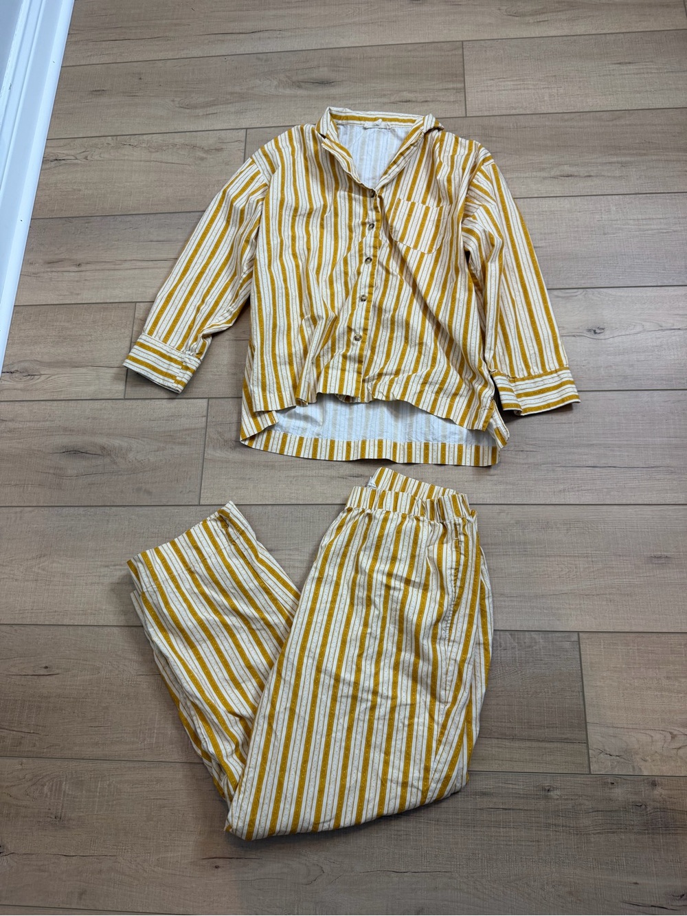 Parterre Remy Stripe Pajama Set Womens S Yellow Cotton Button Front Lounge Sleep — image 2 of 7